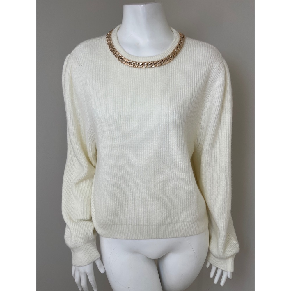 Ann Taylor Cream Ribbed Chunky Chain Neck Puff Shoulder Sweater L Chic Festive